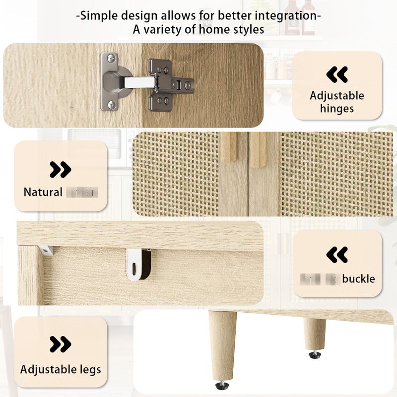 Armoire de rangement naturelle de 70 po avec tablettes réglables, convient au décor du salon, portes décoratives élégantes à surface facile à nettoyer, tablettes différentes, utilisation multifonctionnelle à la maison