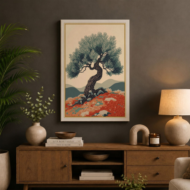 Ancient Olive Tree Japandi - Wrapped Canvas, 30x20 - 76.2 x 50.8 cm, Taupe Border