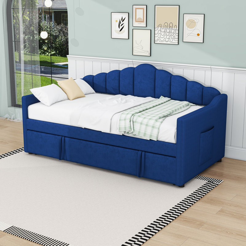 Upholstered Twin Daybed with Twin Pop-Up Trundle, USB & Type-C Ports and Pockets, Blue