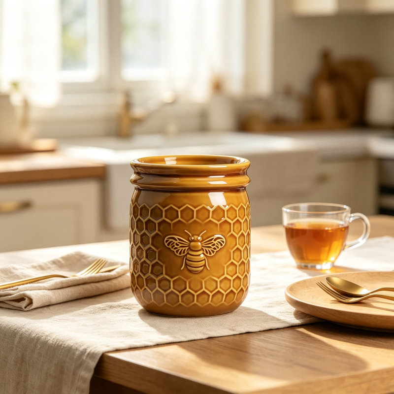 Pot à ustensiles de cuisine en céramique à motif alvéolé et abeille en relief, style rétro, grand pot à ustensiles pour comptoir, organisateur d'ustensiles en céramique pour spatule, décoration pour la cuisine et la maison