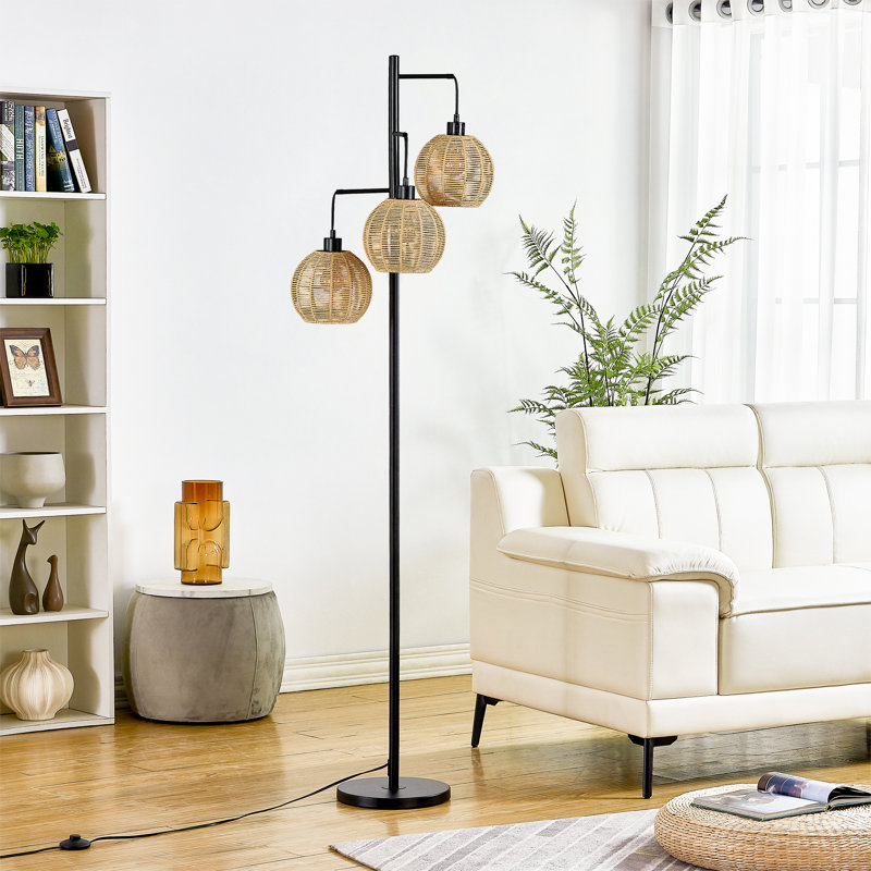 Coleford 65" Black Modern Boho 3-Light Metal Floor Lamp with Woven Rattan Globe Shades Tall Standing Corner Lamp for Living Room Bedroom Reading