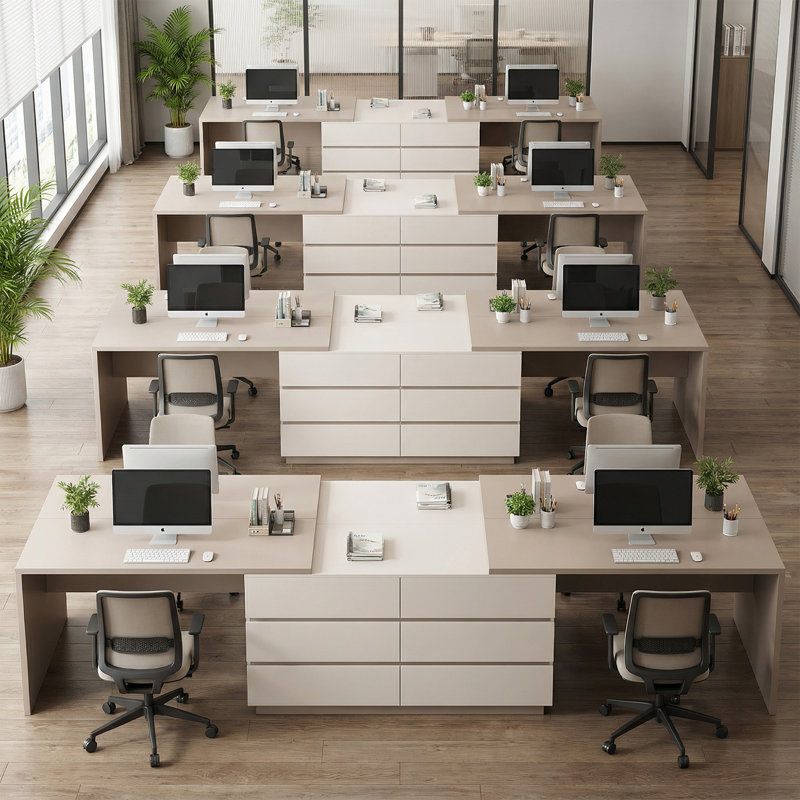  Table de bureau extensible pour 2 personnes avec 6 tiroirs de rangement, Gris / Ivoire