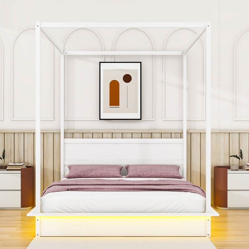Wood Platform Bed with Support Slats and LED Light, Queen