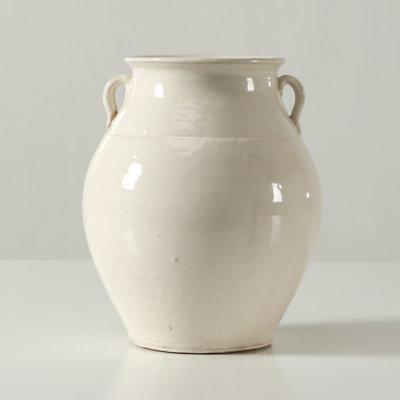 Approx. 9" Off White Glazed Ceramic Vase with Two Decorative Handles(5.1" Opening)