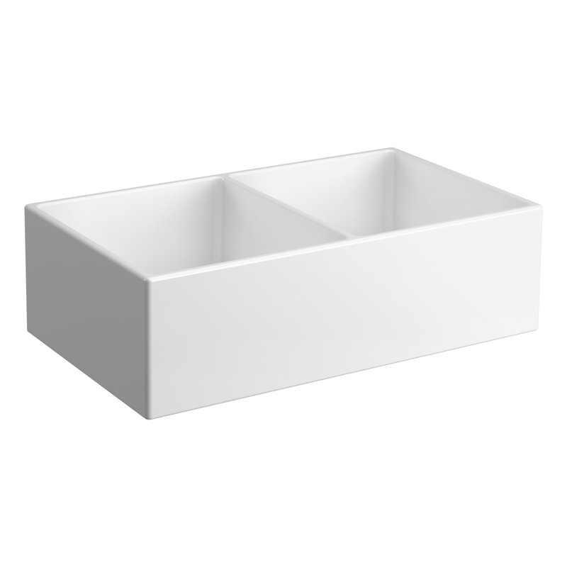 Évier de cuisine en argile réfractaire double Ramsay, 33 po, blanc brillant, Blanc poli