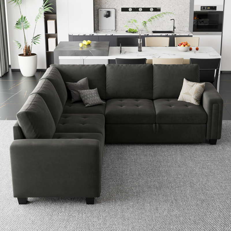 Canapé-lit modulaire en L Shavera, Velours gris velours