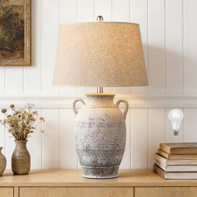 26in Farmhouse Ceramic Table Lamp, Rustic Bedside Light For Bedroom Living Room