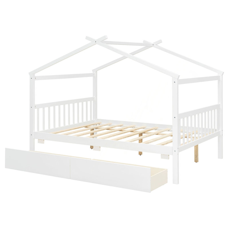 Lit en bois avec tiroirs, Blanc, Lit double