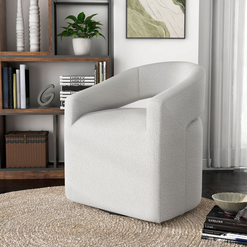 Makia 27'' Wide Swivel Barrel Chair, White Boucle