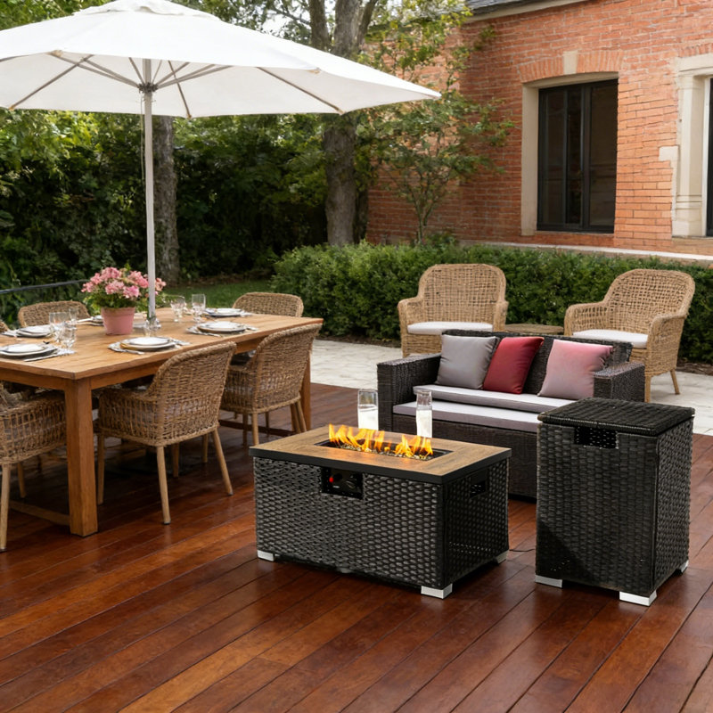 32" Rectangular Propane Fire Pit Table With Wicker Base - Includes Tank Cover, 50,000 BTU, 2-Piece Steel Patio Heater, Gray