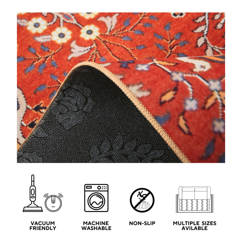 Modern Burnt-Orange Bird Design Machine Washable Rug with Built-in Padding & Non-Slip Backing, Square 8'