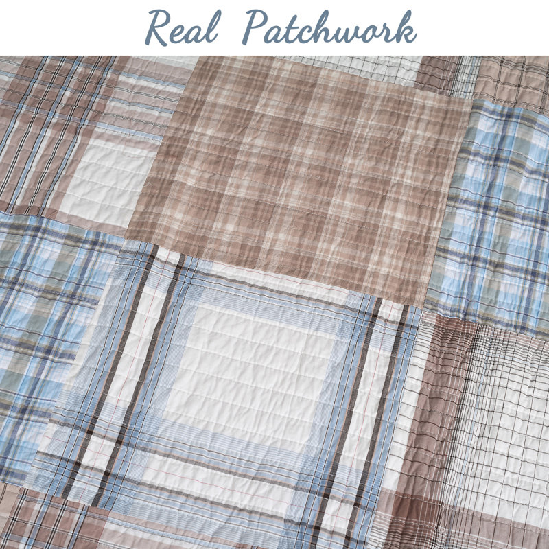 Blue and Brown Cotton Patchwork Queen Reversible Quilt Set