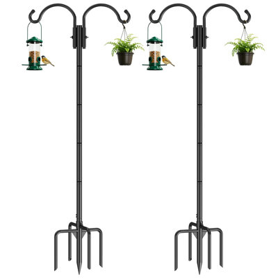Crochet double double pour l'extérieur, avec base à 5 broches, poteau réglable en métal pour oiseaux nicheur d'oiseaux suspendus 84 po, panier de plantes, lanterne, paquet de 2 lampes solaires