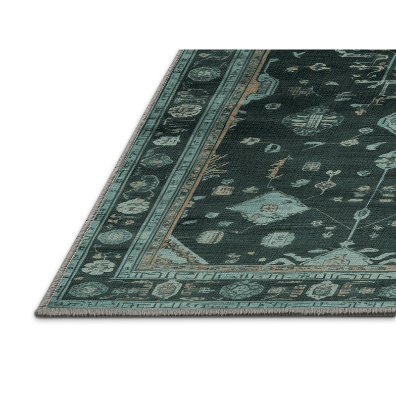 Machine Washable Overdyed Green Area Rug, Round 8'