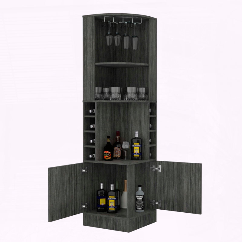 Syrah Corner Bar Cabinet with Wine Glass Rack and Bottle Cubbies