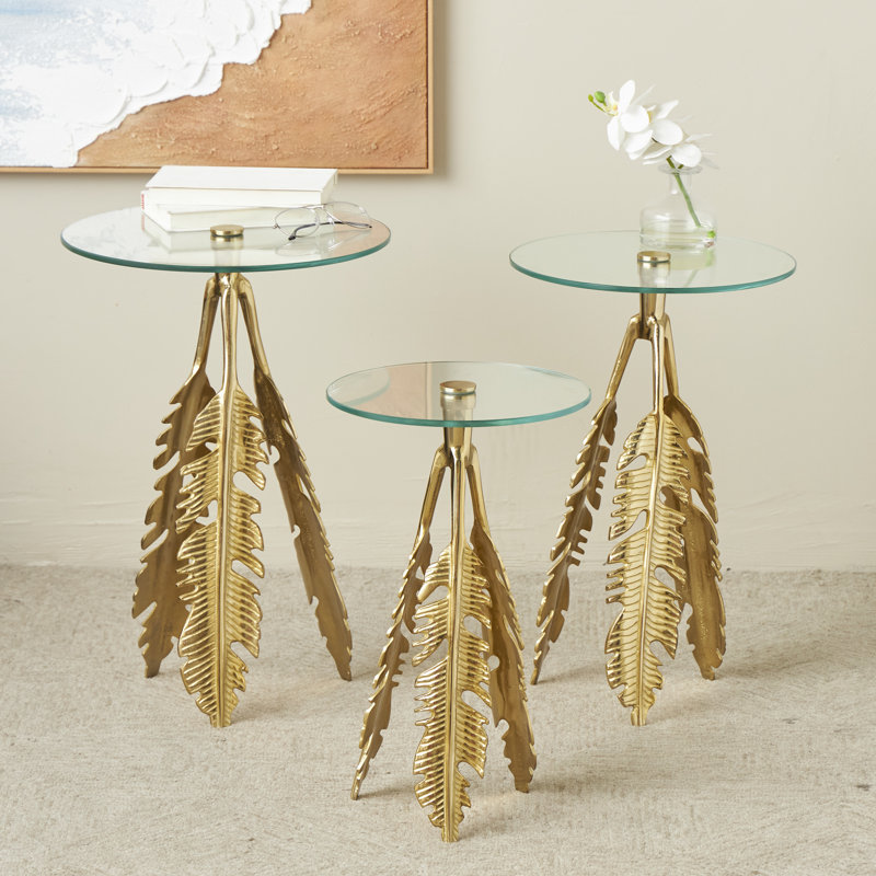 Onesimos Glass 3 Legs End Table Set, Gold