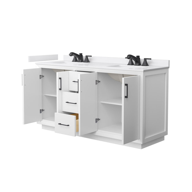 Strada 66" Freestanding Double Bathroom Vanity with Cultured Marble Top, White, Matte Black