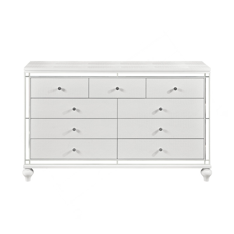 Commode glamour à finition blanche métallique avec 9 tiroirs en faux cristal