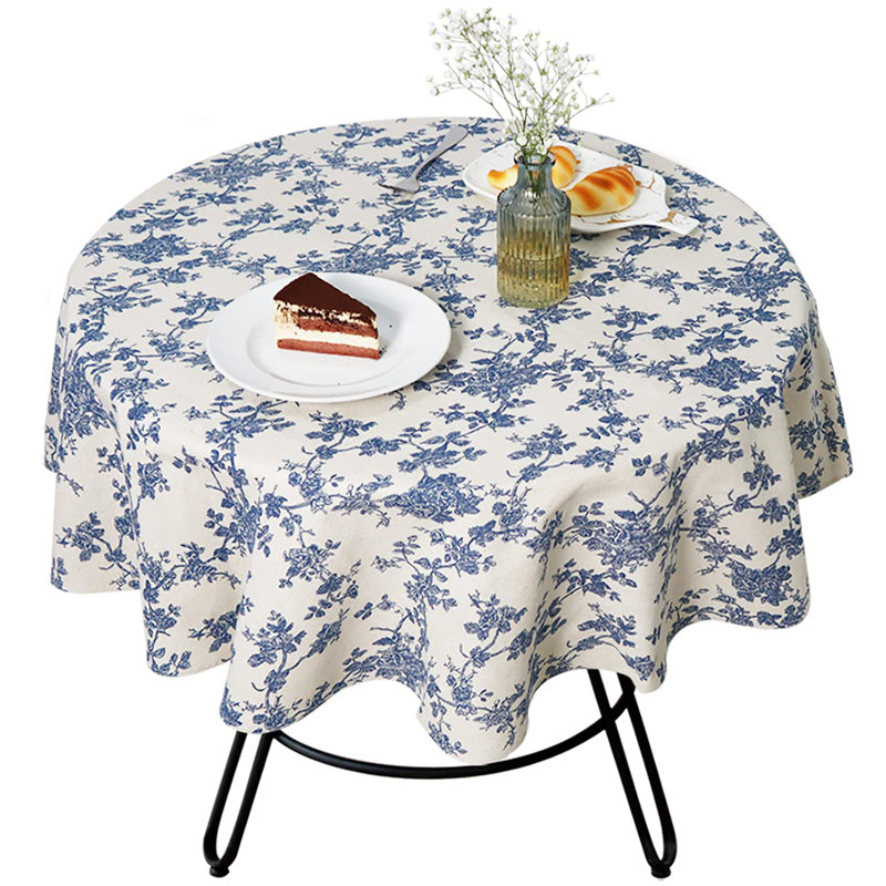 Blue Floral Cotton Linen Round Tablecloth, Vintage Design for Dining, Party, Picnic, Garden (140cm)