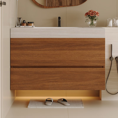Meuble-lavabo flottant moderne de 29,9 po, fixé au mur avec plateau en pierre frittée et lavabo en céramique, 2 tiroirs pour les petites salles de bain
