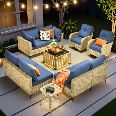 Outdoor Wicker 8 Person Seating Group With Cushions With Rocking And Swivel Chairs