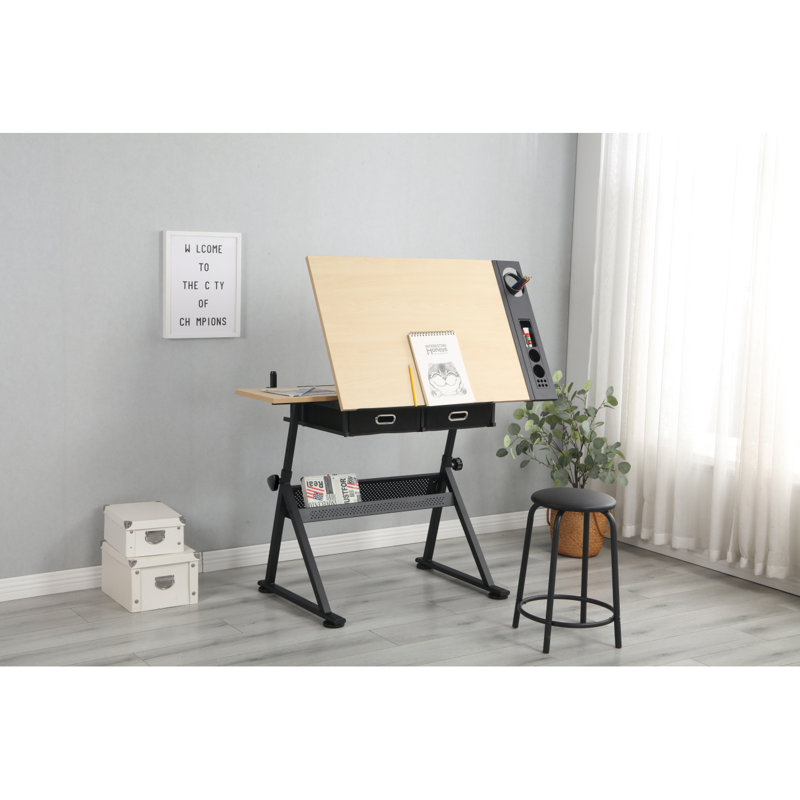 Adjustable Drawing Drafting Table Desk With 2 Drawers For Home Office And School With Stool(Wood)