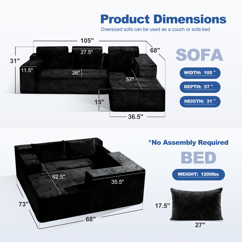 105" L-shape Modular Sectional Sofa Couch For Living Room, Black, Right Hand Facing
