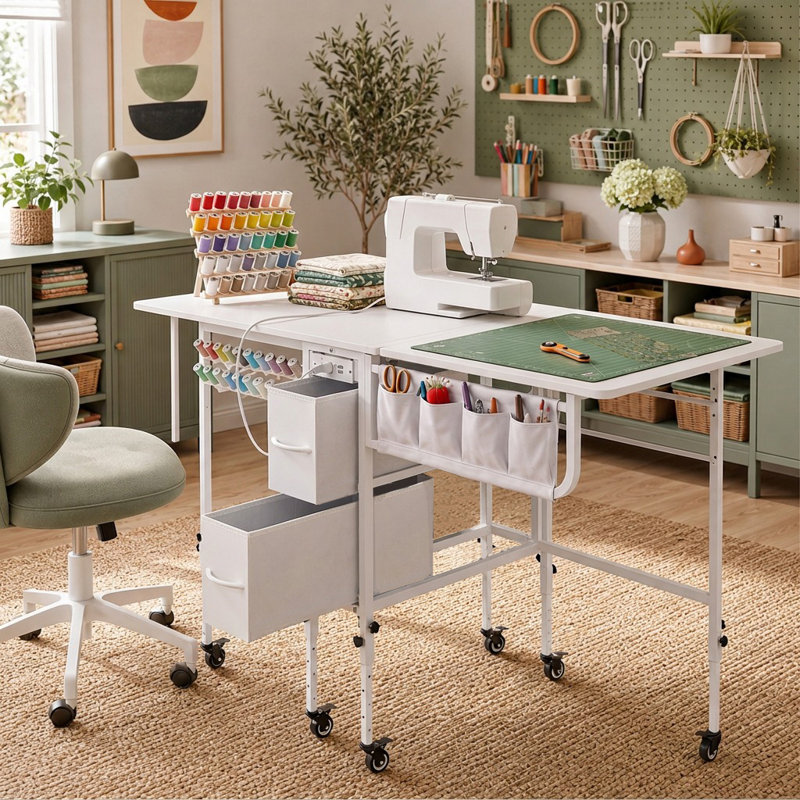 Table de couture pliable de 56,7 po x P 23,6 po avec roues et station de charge, réglable en hauteur