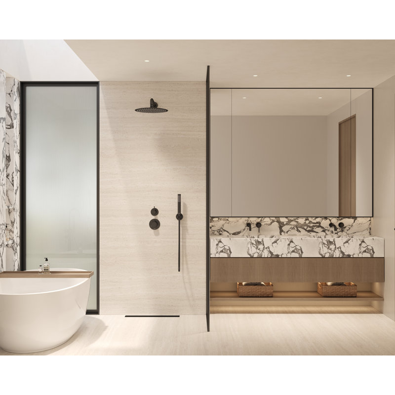 Tinian Thermostatic Shower System with Split Control Panel with 12-inch shower head, Handheld Shower in Matte Black