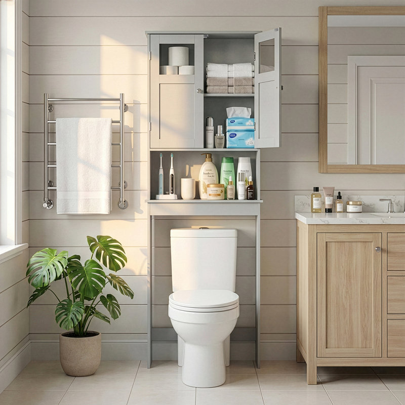 66.9'' Gray Toilet Cabinet With 2 Doors, Gray