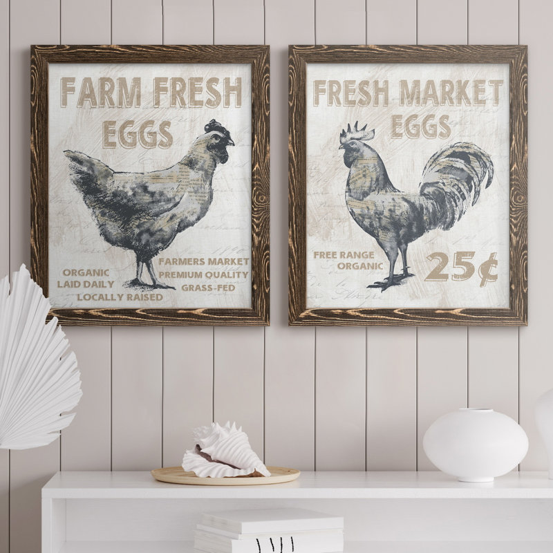 Farm Fresh Chicken - ensemble de 2 reproductions, Pas de tapis, H 20 po x l 17 po x P 1 po, Toile avec cadre en noyer