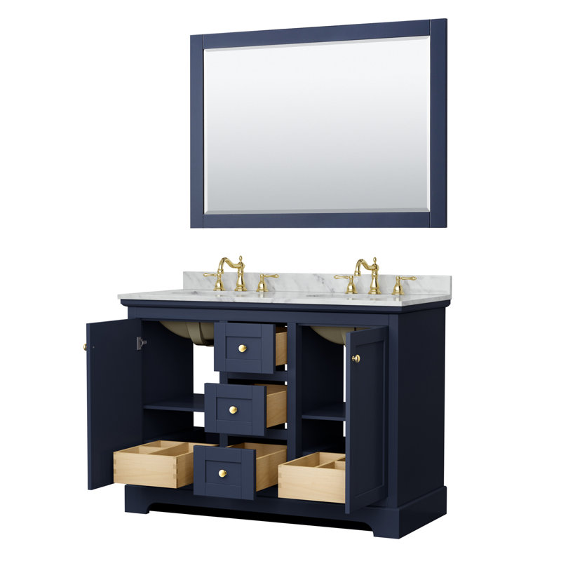 Ensemble de meuble-lavabo double 48 po avec miroir Avery, Bleu foncé, Or brossé