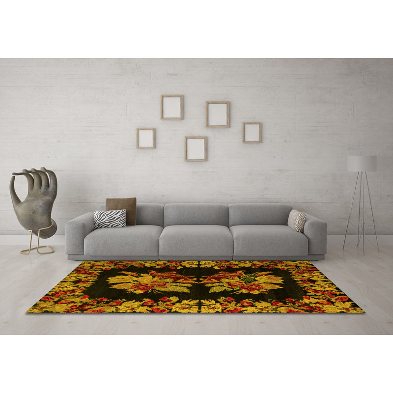 Tapis abstraits jaunes lavables à la machine Abstract 5390, Carré 5 pi