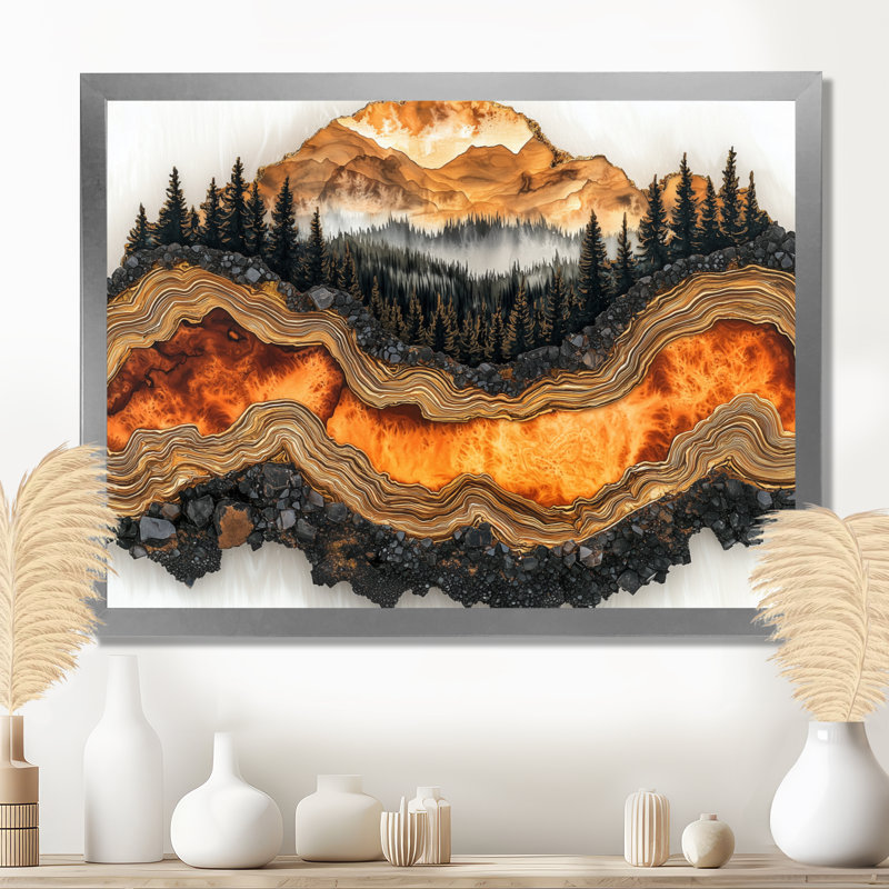 Forêt d'automne, paysage de rivière de pierre ambre IV - forêt, art mural, Argent argent, Cadre simple, H 34 po x l 44 po