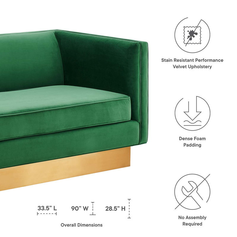 Emerald Green Velvet Sofa with Gold Base and Track Arms