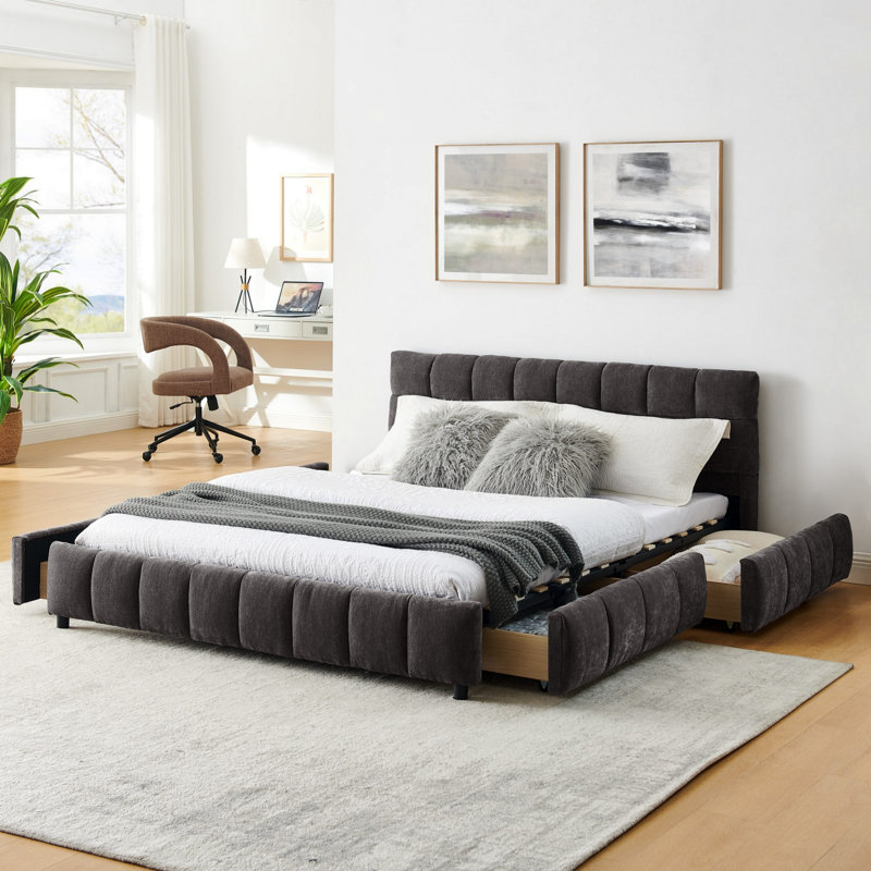 Lit tapissier avec tête de lit et tiroir de rangement, Gris foncé
