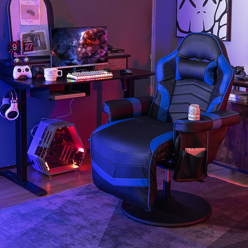 Faux Leather Swivel Recliner, Blue Faux Leather, Blue