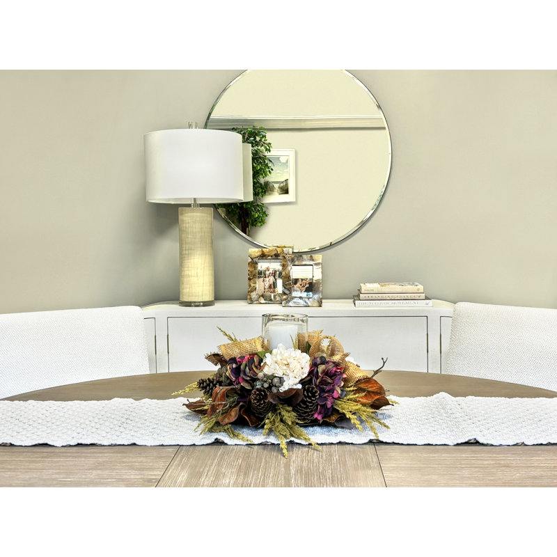 Fall Candleholder Centerpiece with Hydrangeas, Astilbe, and Pinecones, Cream/Brown/Burgundy