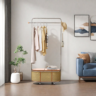 Mobile Rattan Coat Rack with Storage & Wheels