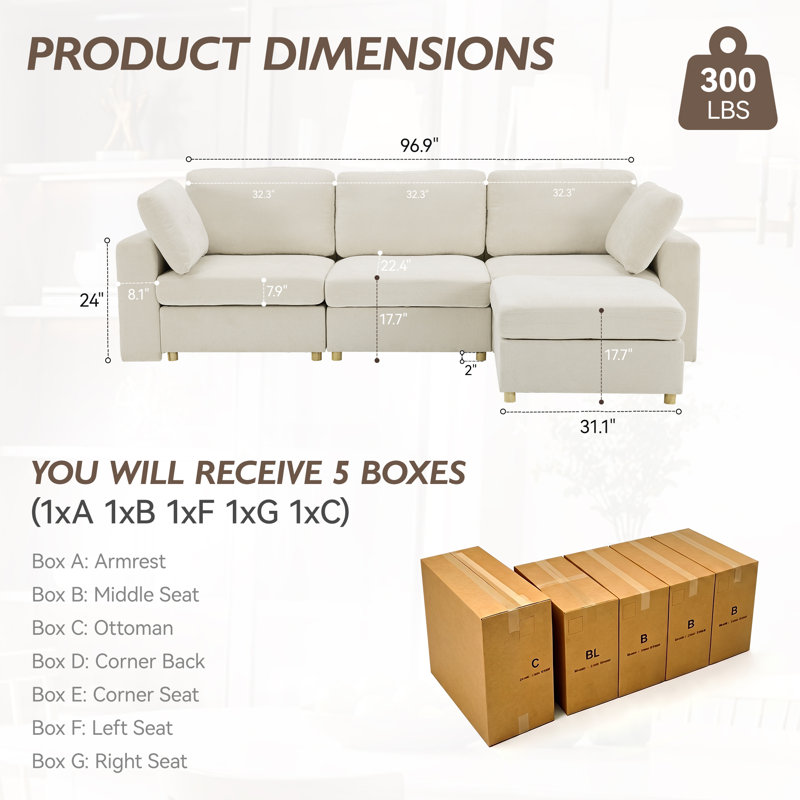 Carrigan Upholstered Sectional with Ottoman, Beige Chenille, 3 Seater+1 Ottoman