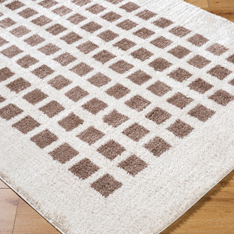 Brown Modern Shaggy Washable Rug, Chequered Anti-Slip Rug For Living Room, Dining Room, Bedroom, Kitchen
