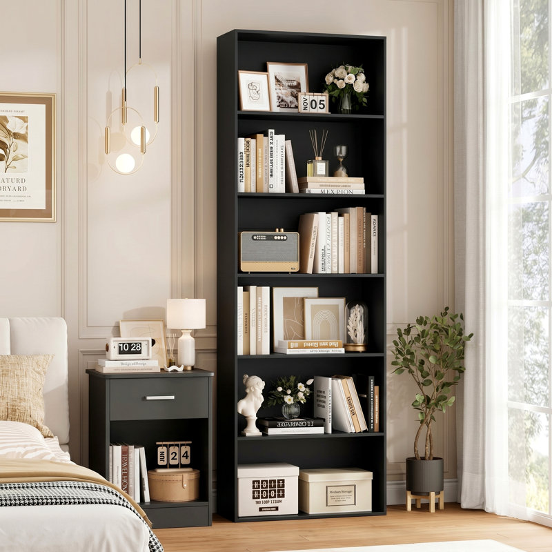 Bibliothèque ouverte à 6 niveaux et table de chevet, ensemble de rangement pour chambre à coucher 2 pièces, bibliothèque moderne et table de chevet avec tiroir et tablette, ensemble de bureau ou de chambre à coucher coordonné