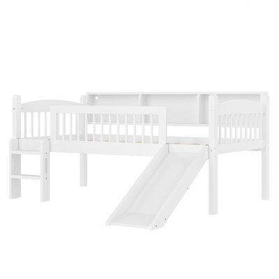 Lit mezzanine avec tablettes de rangement et lumières DEL, garde-corps pleine longueur, base de lit pour économiser de l'espace