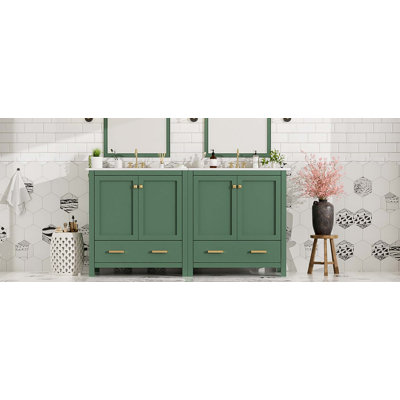 Ensemble de meuble-lavabo 60 po avec lavabos doubles (séparés), lavabos doubles en céramique, étagère de rangement et tiroirs séparés, miroir non inclus - Solution de salle de bain moderne pour salles de bain spacieuses