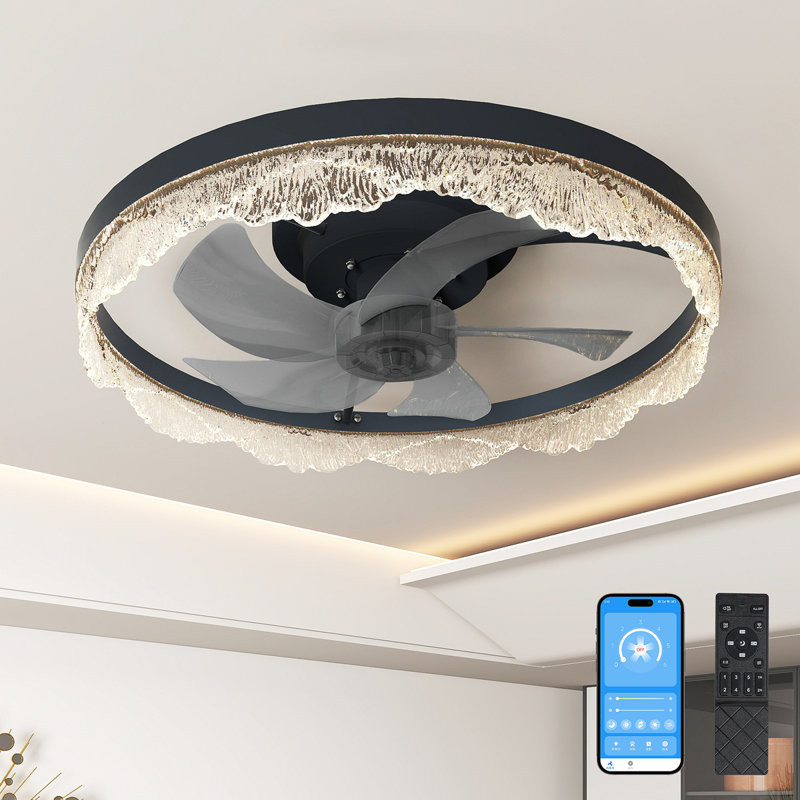 Ventilateur de plafond décoratif à DEL 20 po - Plafonnier encastré moderne avec anneau en acrylique, pales cachées, télécommande et lumière à intensité variable pour les maisons élégantes