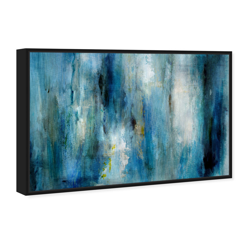 Abstrait bleu abondant / pluie blanche - Impression sur toile, Cadre flottant noir, H 36 po x l 54 po