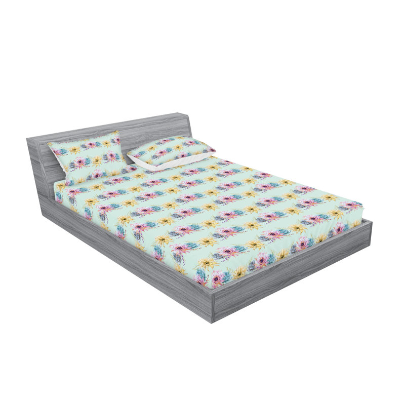 Ambesonne Fitted Sheet & Shams, Mint Green Flower, Full Sheet Set with 2 Pillowcases
