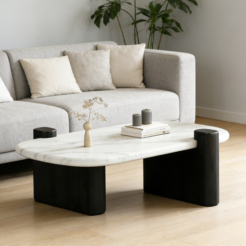 Luxury Minimalist Marble Coffee Table, White/Grey, 15.7" H x 51.2" L x 27.2" W