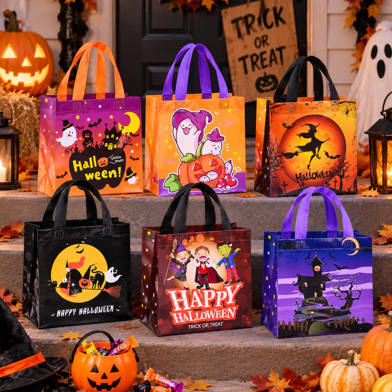 Sacs à gâteries d'Halloween réutilisables non tissés avec poignées pour enfants