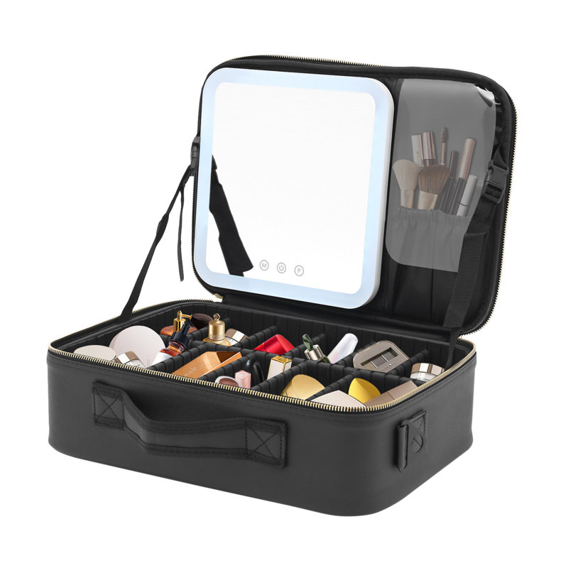 Trousse de maquillage avec miroir, lumières et séparateurs réglables, Noir